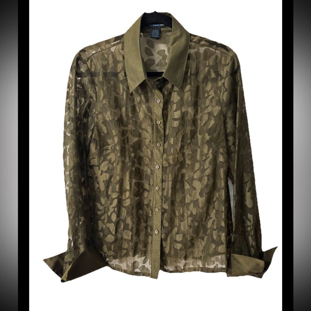 Saint Tropez West Size L Womens Green Button Up Sheer Top Blouse Flared Cuffs